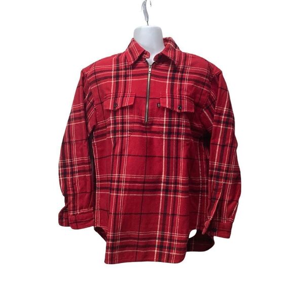 Lauren‎ Ralph Lauren Petite P P Plaid 100% Wool Flannel Shirt Red zip pullover - Picture 1 of 9